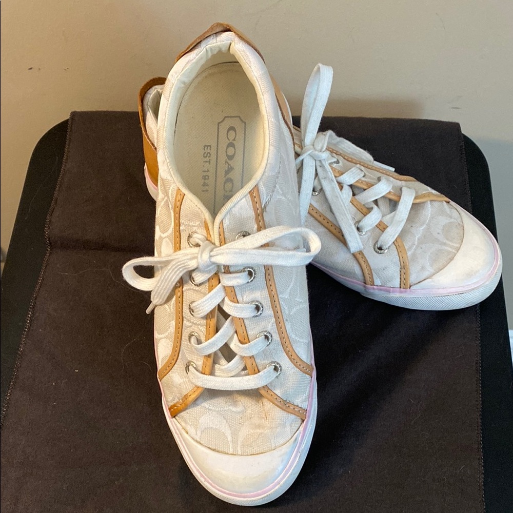 Coach White and Tan Sneakers with Signature Style and pink stripe at bottom